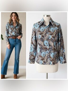 Vintage 60s 70s Mod Blue Peacock Feathers Dagger Collar Button Up Blouse Sz M